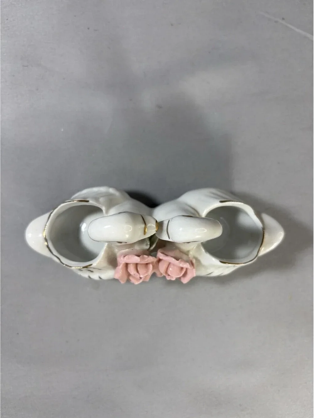 Vintage Double Swan Ceramic Bud Vase Planter Pink Roses Gold Trim Romantic Decor